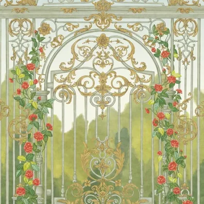 Tijou Gate wallpaper in Spring Green, Soft Olive & Rouge