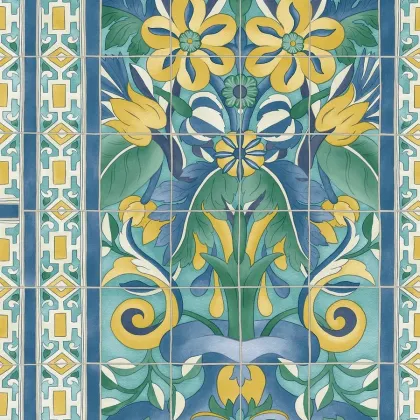 Triana wallpaper in Canary Yellow & China Blue on Teal