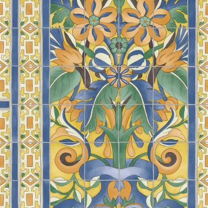 Triana wallpaper in Marigold & Hyacinth on Canary Yellow