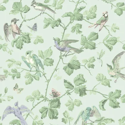 Winter Birds wallpaper in Lilac & Teal on Duck Egg
