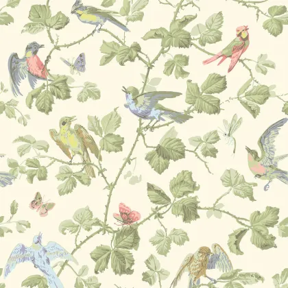 Winter Birds wallpaper in Multi & Olive on White