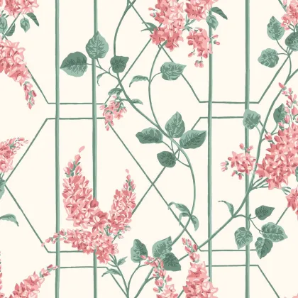 Wisteria wallpaper in Coral & Sage on White