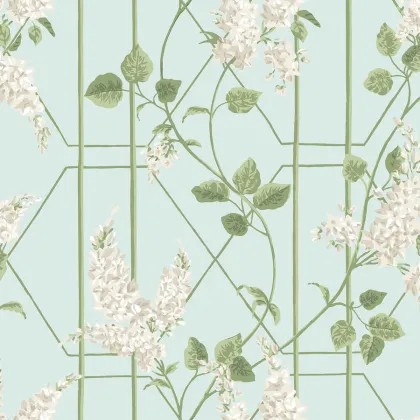 Wisteria wallpaper in Stone & Olive on Duck Egg