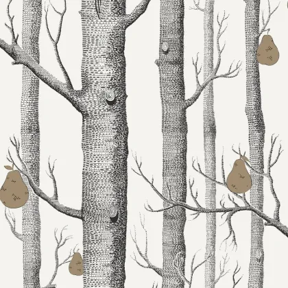 Woods & Pears wallpaper in Charcoal & Metallic Bronze on Parchment