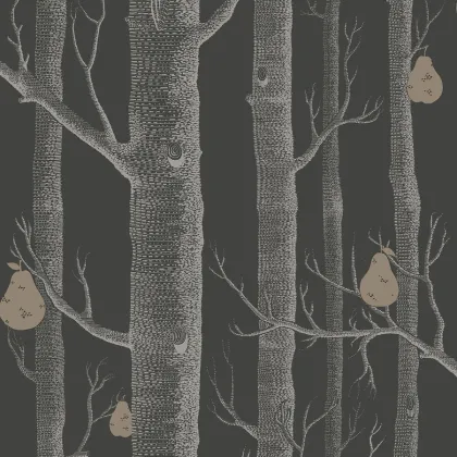 Woods & Pears wallpaper in White & Metallic Silver on Charcoal