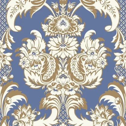 Wyndham wallpaper in Chalk & Metallic Gold on Cerulean Sky