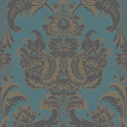 Wyndham wallpaper in Metallic Gilver & Dark Viridian on Petrol
